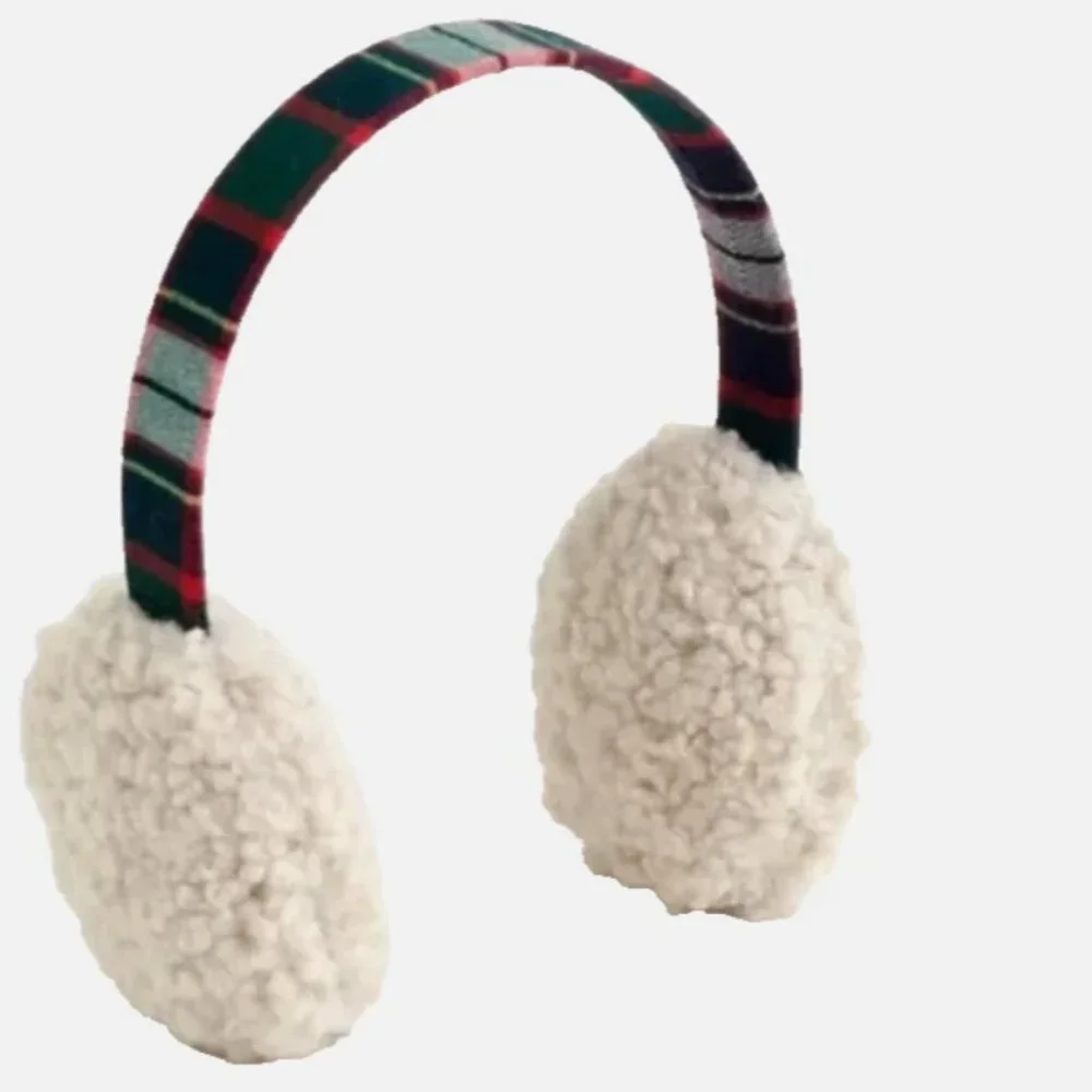 NEW J.Crew Natural / Light Faux Fur Earmuffs Stewart Plaid Tartan Band K6401 - Picture 1 of 7